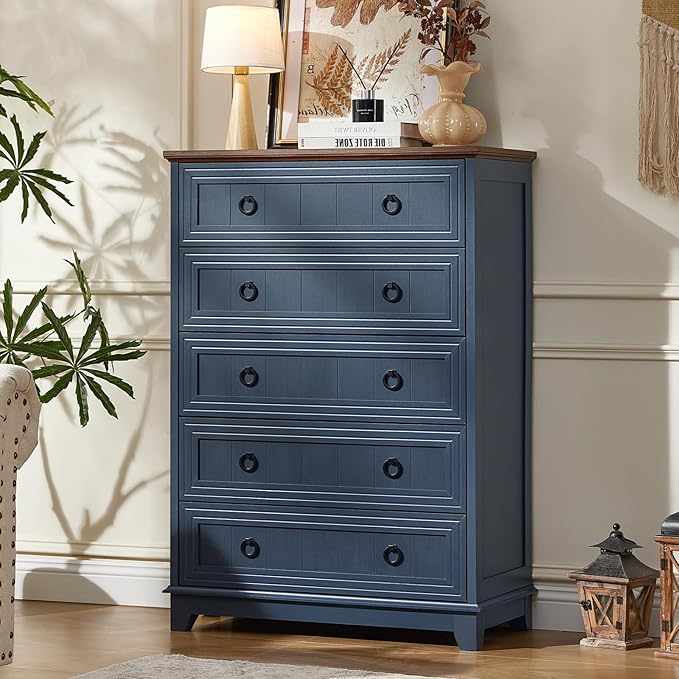 Farmhouse 5 Drawer Dresser for Bedroom Set of 2, 42" Tall Small Dressers & Chest of Drawers, Rustic Wood Dresser with Metal Handle, Storage Organizer Closet for Living Room, Hallway,Entryway