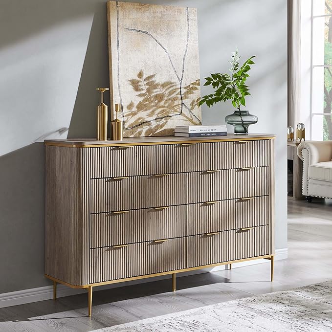 T4TREAM Fluted 9 Drawers Dresser, Modern Wooden Top Chest of Drawers with Curved Profile Design, Dresser TV Stand Drawer Organizers for Bedroom, Living Room, Hallway(Alder Grey)