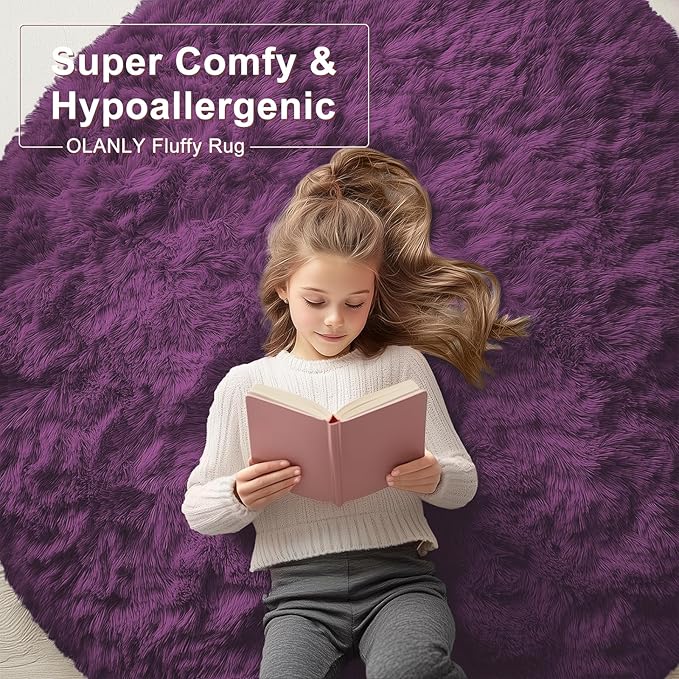OLANLY Dark Purple Round Rugs for Bedroom - Machine Washable, 2 ft Circle Area Rugs for Living Room, Soft and Fluffy Shaggy Carpet for Teen Girl and Boys, Nursery Rooms, Dorms, Home Decor Aesthetic