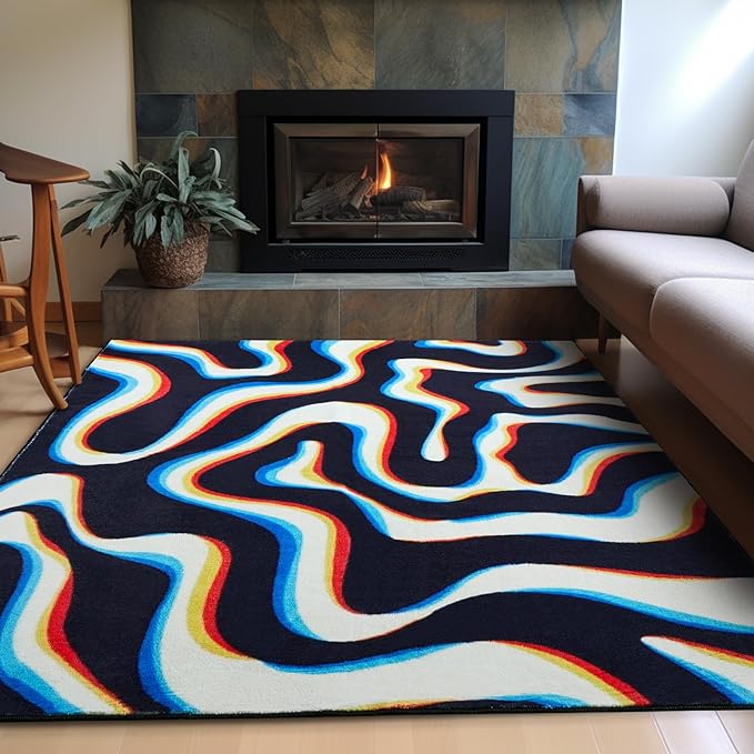 Trippy Abstract 4x6 Area Rug Ultra Thin Flatweave Funky Aesthetic Minimalist Geometry Swirl Bedroom Rug Colorful Black White, Retro Cool Washable Carpet for Kitchen Entryway Living Room Dorm