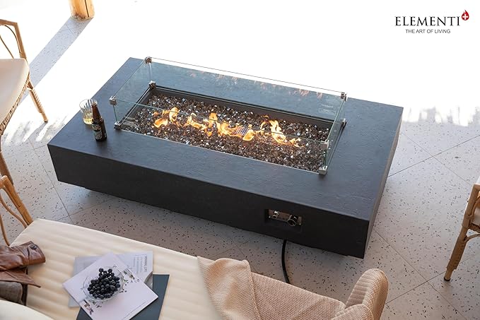 Elementi+ | Bundle Positano Gas Fire Pit Cast Concrete 60" Rectangular Fire Table, Outdoor Fire Pit Electronic Ignition | Canvas Cover, Fire Glass and Burner Lid Included | Dark Gray | Natural Gas