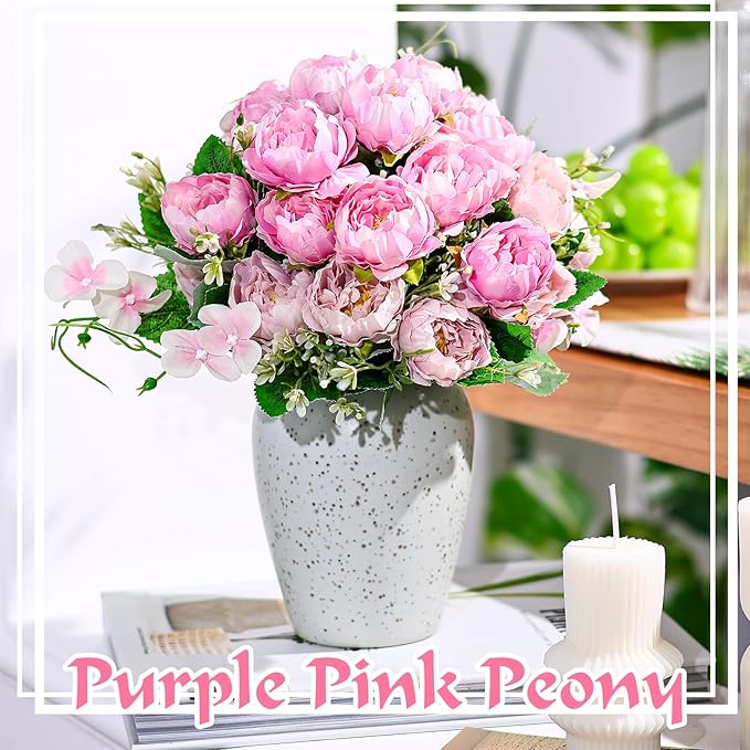 Olgaa 12 Bundles Peonies Artificial Flowers Fake Peony Bouquet Faux Peonies Flowers Bulk with Stems Flower Balls for Centerpiece Table Decorations Wedding Bridal Floral Arrangement (Purple Pink)