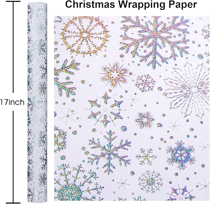 Flyhill Kraft Christmas Wrapping Paper-Silver Snowflake Metallic Embossed Foil Luxury Gift Wrap Roll Design for Holiday, Party,Celebration, New Year (17 Inch X 32.8 Feet)