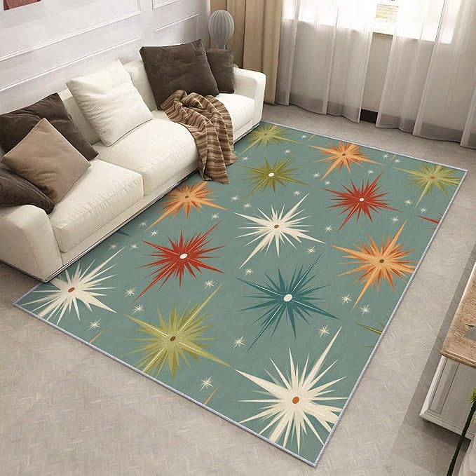 Mid Century Modern Rugs for Living Room Decor, 4x6 ft, Retro Atomic Geometric Area Rugs for Bedroom, Soft Non Slip Washable 1950s MCM Starburst Carpet Home Decorations D-g48