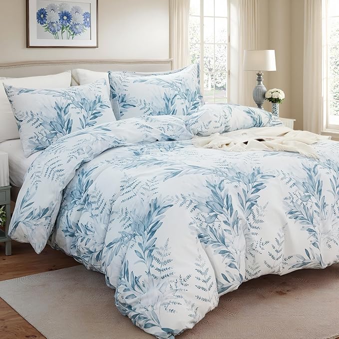 100% Cotton Duvet Cover Queen Size 3 Pieces, Blue Leaf Duvet Cover with Zipper Closure, Soft Floral Bedding Set White and Blue for All Season, Breathable, Ultra Soft