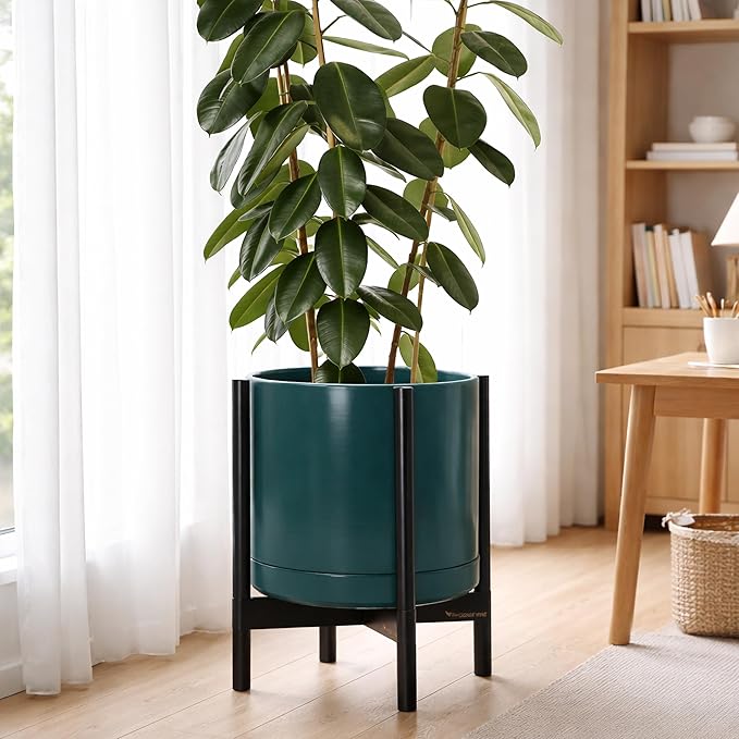 D'vine Dev Ceramic Planter with Ebony Stand - 14 Inch Modern Round Flower Pot with Wood Planter Holder, Teal, 55-B-S-4