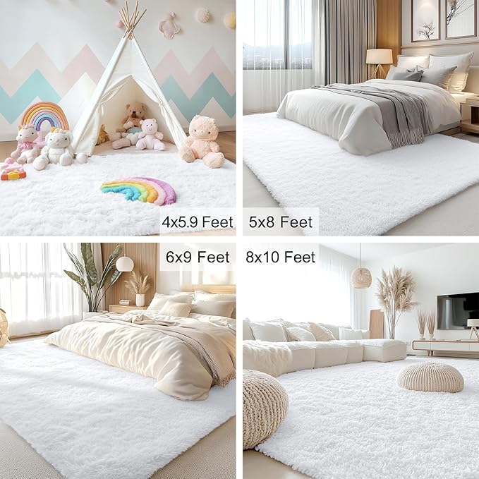 OLANLY 7x7 Machine Washable Large Area Rugs for Living Room, Bedroom, Soft Fluffy Shaggy Bedside Rug, Indoor Floor Carpet for Kids Girls and Boys, Dorms, Nursery, Home Decor Aesthetic, White