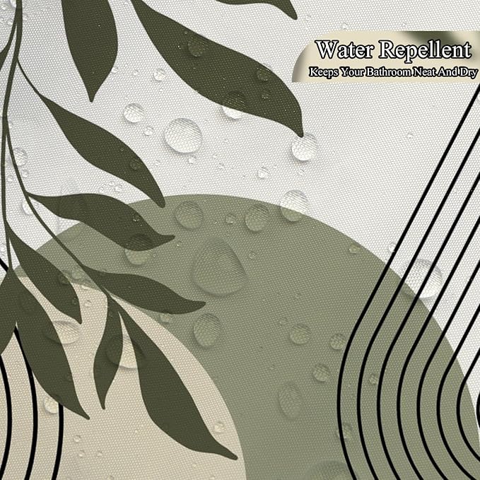 Boho Sage Green Shower Curtain Mid Century Modern Abstract Plant Botanical Bathroom Curtain Minimalist Neutral Geometric Arch Bath Decor Polyester Set with Hooks 72x72 inch
