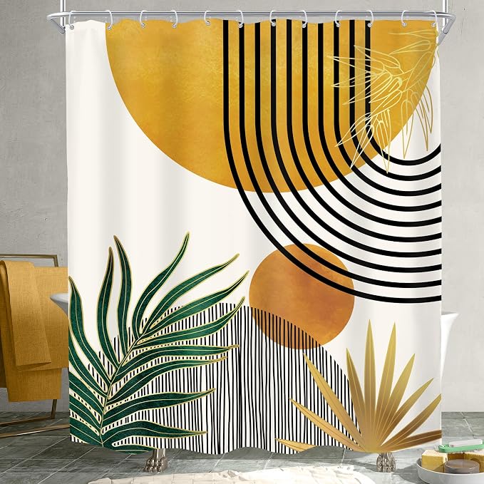 KOMLLEX Mid Century Boho Shower Curtain for Bathroom Decor Abstract Modern Sun Minimalist Aesthetic Arch Curve Leaves Geometric Yellow Gold Neutral Fabric Waterproof Polyester 12 Hook 60Wx72L