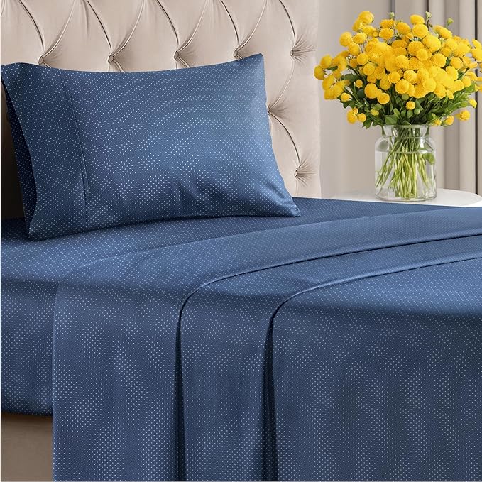 Navy Blue Polka Dots Bed Sheet Set – 1 Flat & 1 Fitted Sheet & 1 Pillowcase w/ Deep Pockets – Polka Dot Bedding - Ultra-Soft, Wrinkle & Fade Resistant - Comfy, Breathable and Cooling - Twin Size Set