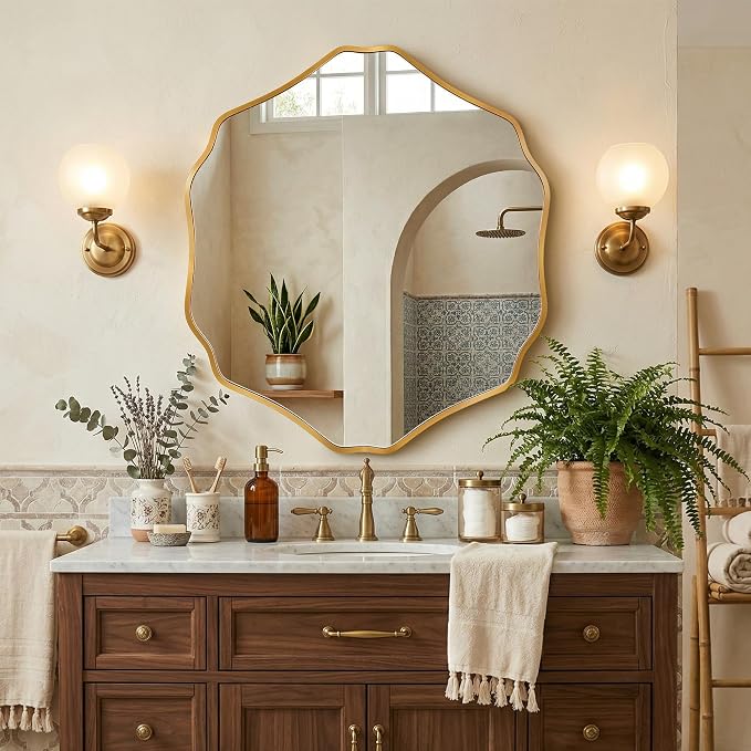 Irregular Hexagon Wall Mirror with Wavy Edge, Modern Decorative Mirror for Bathroom, Bedroom, Living Room, Frameless Vanity Mirror