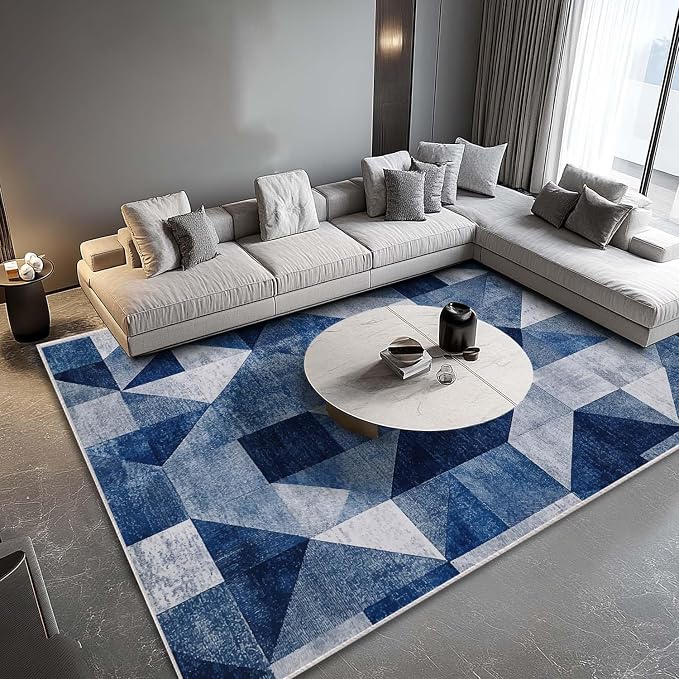 8x10 Navy Blue Area Rug Modern Geometric Blue White Beige Bedroom Rug Soft Low Pile Thin Large Carpet Living Room Non Slip Dining Room Stain Resistant Office Washable Machine