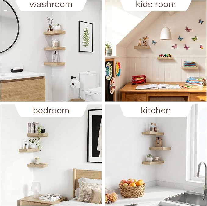 Oak Floating Shelves for Wall Set of 3, 11.8 Inch Small Wood Wall Shelves for Bathroom Over Toilet, Kitchen & Bedroom Storage, Wall Mounted Shelves for Spice Jars, Plants & Decor