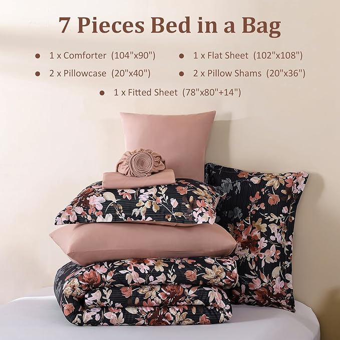 Dobuyly King Size Comforter Set, 7 Pieces Black and Pink Floral Comforter Set, Bed in a Bag King with Botanical Flowers Pattern, All Season Farmhouse Bedding Set with Sheets, Pillowcases & Shams