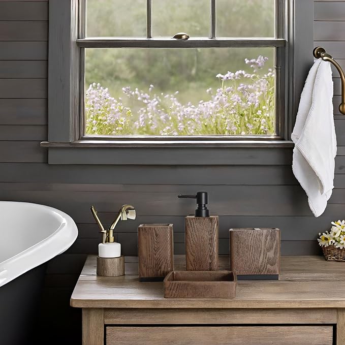 Hymmah Bathroom Accessories Set,Toothbrush Holder,Farmhouse Bathroom Decor,3 Pcs Resin Gift Set Apartment Necessities, Contain Toothbrush Cup,Soap Dispenser,Tumbler (Wood Brown)