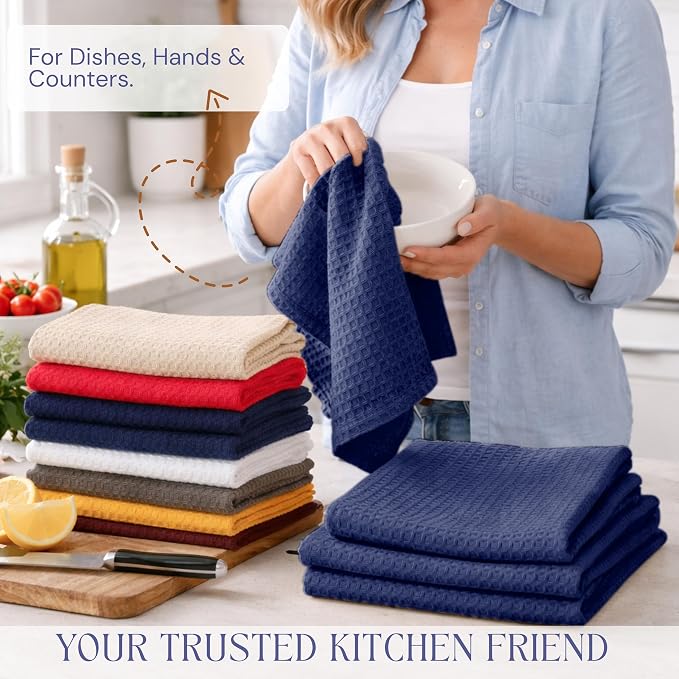 Waffle Weave Dish Towels 4 Pack, 16x26 Inches, Quick Dry Towels for Kitchen, Reusable, Absorbent Wash Cloths Set, Washable Fabric, Heavy Duty for Daily Use - Indigo Blue