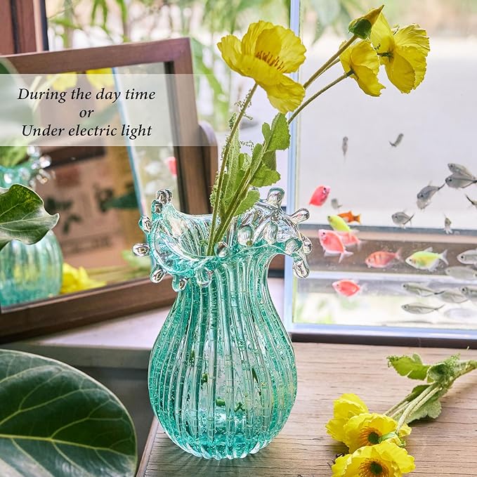 QFkris Hand Blown Glass Luminous Vase for Flowers 8" Teal Crystal Bubble Vases for Bouquet Home Decor Decorative Centerpieces Unique Gift for Christmas Valentines Day Birthday Housewarming Mothers Day