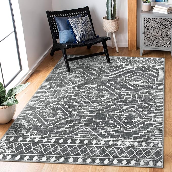 Wonnitar Moroccan 3x5 Washable Area Rug, Boho Living Room Rug, Non-Slip Farmhouse Rustic Bedroom Throw Mat, Non-Shedding Soft Geometric Floor Carpet for Kitchen Entry Office (Dark Grey,3'x5')