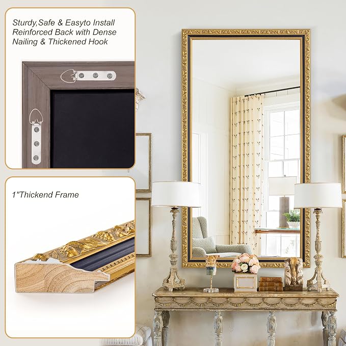 Vintage Large Wall Mirror for Wall, 59'' x 29'' Gold Antiuqe Living Room Mirror with Black Gold Frame, Traditional Ornate Gold Wooden Mirrors, Horizontal/Vertical