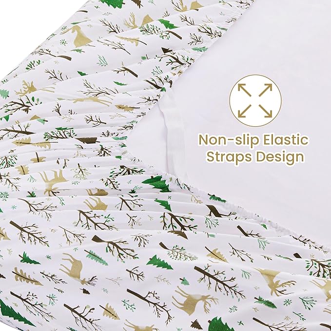 Softan Christmas Holiday Queen Size Sheet Set, Printed Microfiber Fitted Bed Sheet with 15" Deep Pocket & Non-Slip Straps, Forest Deer Patterned Sheets & Pillowcase Set