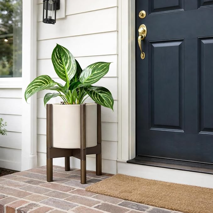 D'vine Dev Planter Pot with Stand - 8 Inch Plastic Cylinder Flower Pot with Wood Planter Holder for Indoor, Oatmeal Pot + Walnut Color Stand, 55-C-I-4
