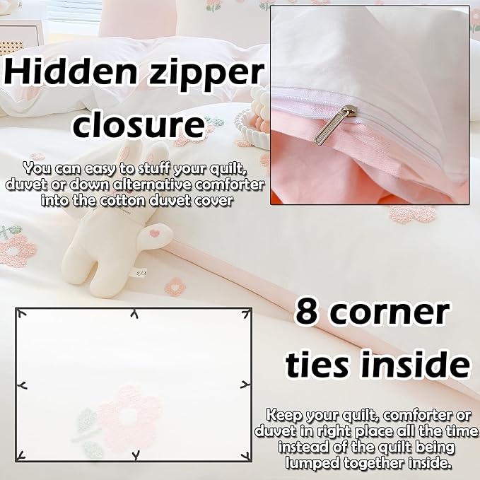MorroMorn Cotton Duvet Cover Queen Size, 3D Embroidery Floral Bedding Sets, Fluffy Chenille Embroidered Comforter Covers Breathable Sweat-Absorbent for Girls Kids Teen (Flowers White, Full/Queen)