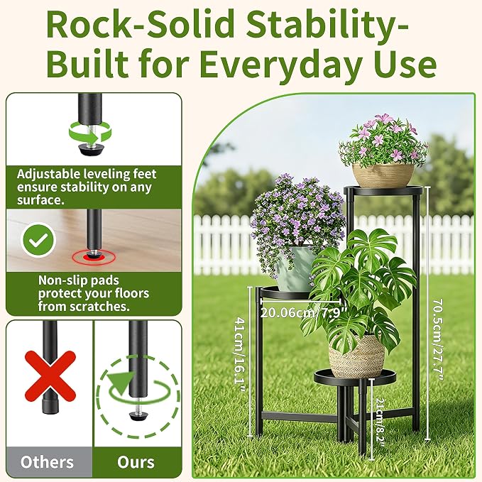 3 Tier Large Plant Stand Indoor with 7.9 Inch Wide Tray, Tiered Corner Metal Outdoor Flower Holder Stand, Folding Tall Rack for Display Shelf for Patio Porch Balcony - BlackDisk