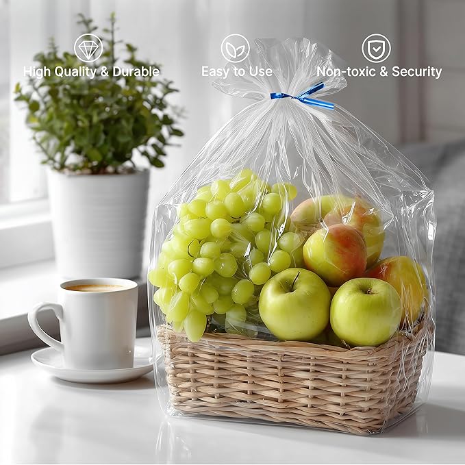 joybest 20 Pcs Clear Cellophane Bags, 24x 30 Inches Large Clear Basket Bags Plastic Cellophane Wrap for Gift Baskets Packaging with Pull Bow Ribbons