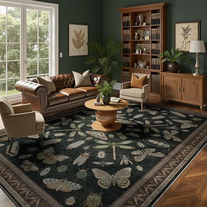 DCX 8x10 Washable Insect Rug, Vintage Gothic Black Rug with Non-Slip Rubber Backing, Soft Low-Pile, Stain-Resistant, Kid & Pet Friendly, for Living Room, Bedroom, Office, and Nature-Themed Decor
