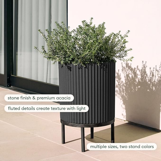 Veradek Demi Series Round Planter w/Stand for Porch/Patio | Durable Plastic-Stone Composite & Wooden Stand | Modern Décor for Tall Plants, Flowers
