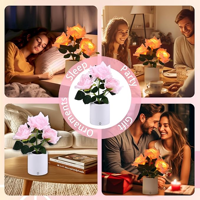 WSYEAR Pink Rose Flower Lamp, Christmas Day LED Artificial Flowers Gifts for Her Wife Girlfriend Small Table Lamp Night Light, Cordless Touch Lamp