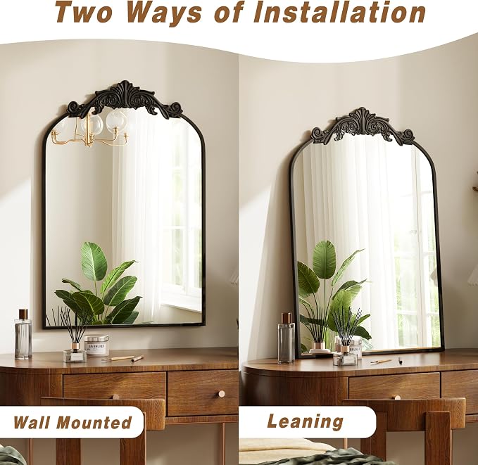 VooBang Vintage Arched Bathroom Mirror, 24x36 Inch Retro Wall Mounted Vanity Mirror with Carved Pattern Top and Metal Frame, Black Decorative Mirror for Hanging or Leaning