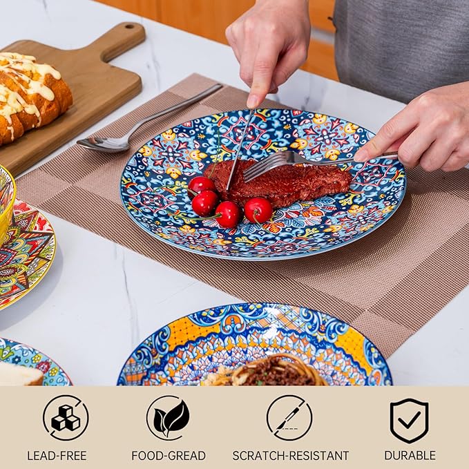 Plates and Bowls Set, Service for 4, 16 Pieces Ceramic Dinnerware Set, Microwave and Dishwasher Safe, Scratch Resistant, Bohemian Style Plates Set for Salad, Pasta, Dessert, Appetier