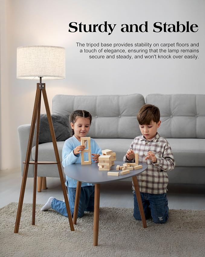 ELYONA Tripod Floor Lamp with Table, Mid Century Wood Shelf Standing Light Modern Tall Floor Lamp with Linen Shade for Living Room Bedroom Office,Dark Brown, 3 Color Temperatures LED Bulb Include
