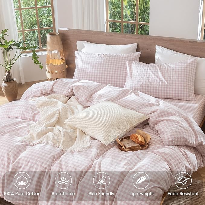 MooMee Gingham Duvet Cover Set 100% Washed Cotton Linen Like Textured Breathable Durable Soft Comfy Modern Checkered Design (Classic Gingham Greyish Pink, Twin 68"x90")
