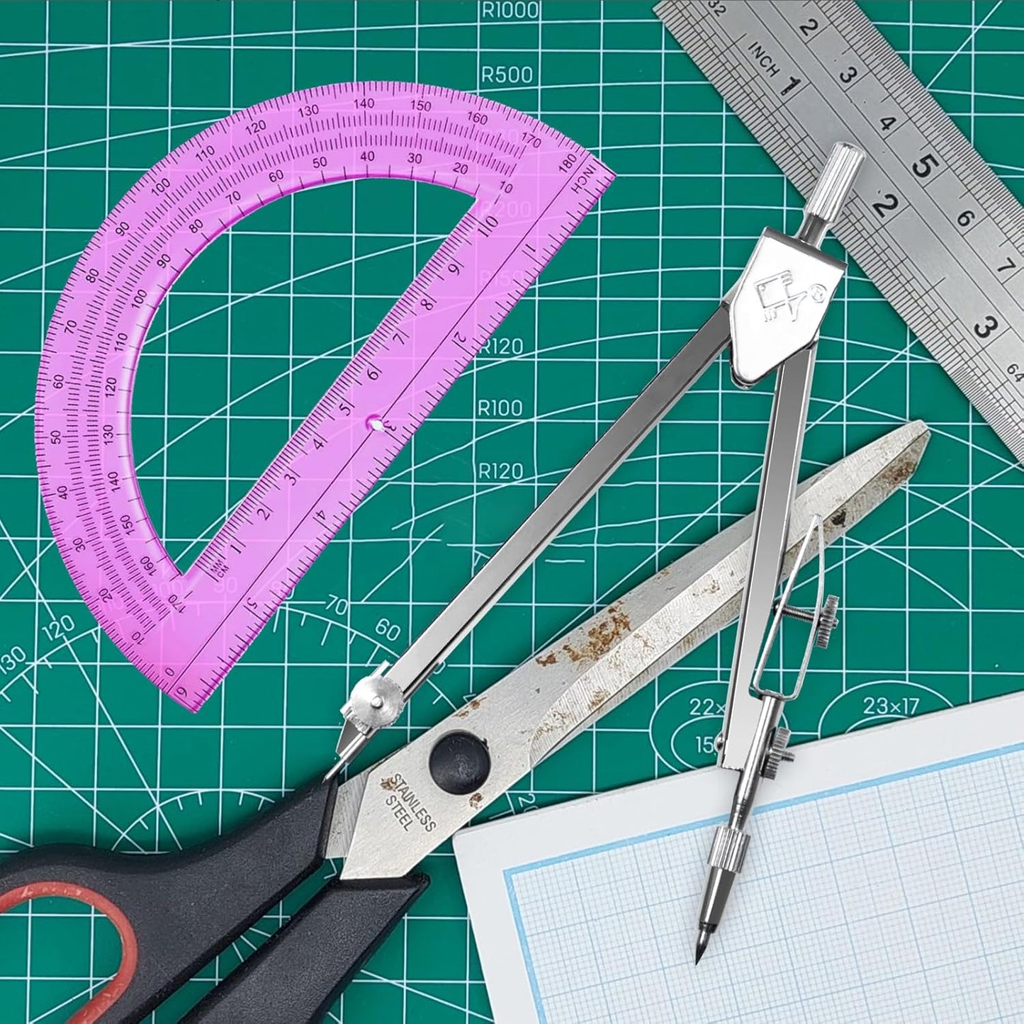 Students Geometry Math Set - Drawing Compass & 6-Inch Transparent Protractor (Pink)