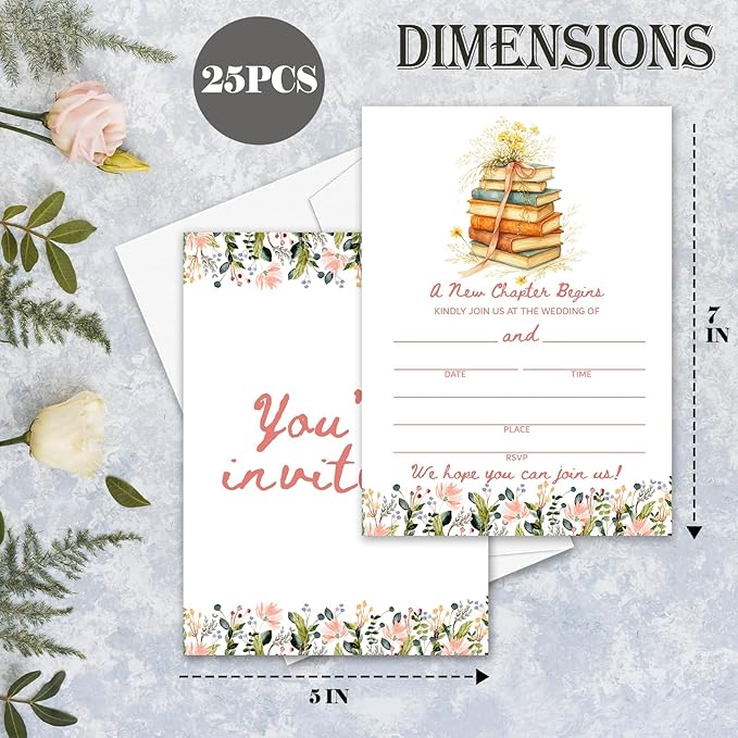 A New Chapter Begins Wedding Invitations, 5"x 7" Flower Book Theme Wedding Invites Card With Envelopes, 25 PCS for Party Decorations and Supplies - A13