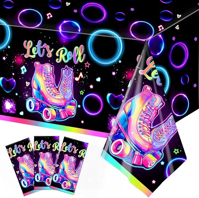 3 Pack Roller Skating Tablecloths, Roller Skating Party Decorations, Let’s Roll Tablecloth for Roller Skate Birthday Party Decorations, 54 x 108 Inch
