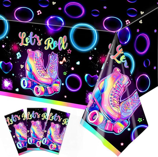 3 Pack Roller Skating Tablecloths, Roller Skating Party Decorations, Let’s Roll Tablecloth for Roller Skate Birthday Party Decorations, 54 x 108 Inch