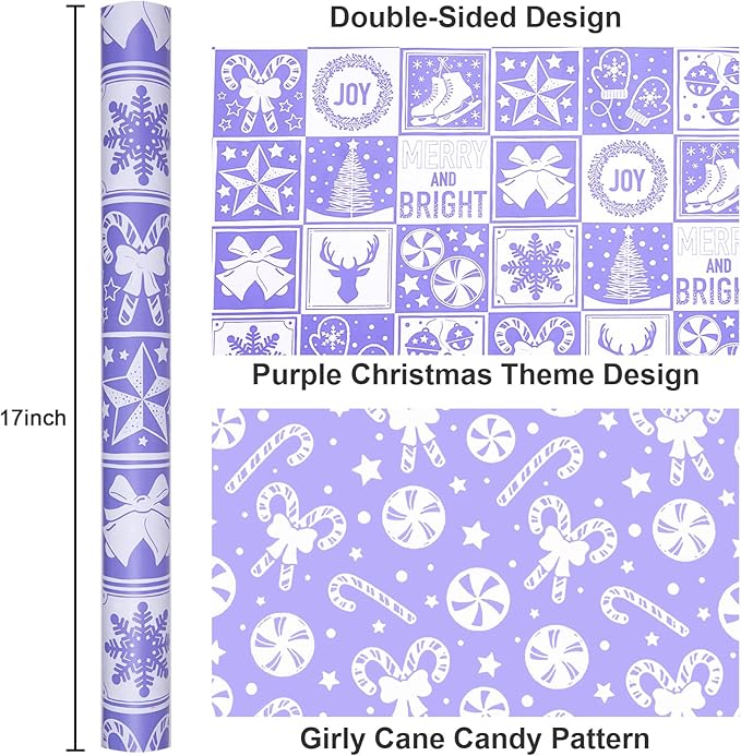 MAYPLUSS Christmas Wrapping Paper Roll, Light Purple Wrapping Paper, Girly Bell, Tree, Candy Canes Christmas Themed Wrapping Paper for Girl Holiday Gift Packaging (17 Inch X 16.5 Feet)