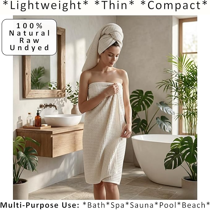 PÜSKÜL Organic Raw-Undyed Waffle Towels for Bathroom Set 4-Piece | Natural 100% Turkish Cotton Luxury 2 Hand Towel & 2 Bath Towel | Absorbent Quick Dry Lightweight Bath Towels Oeko-Tex Made in Turkey
