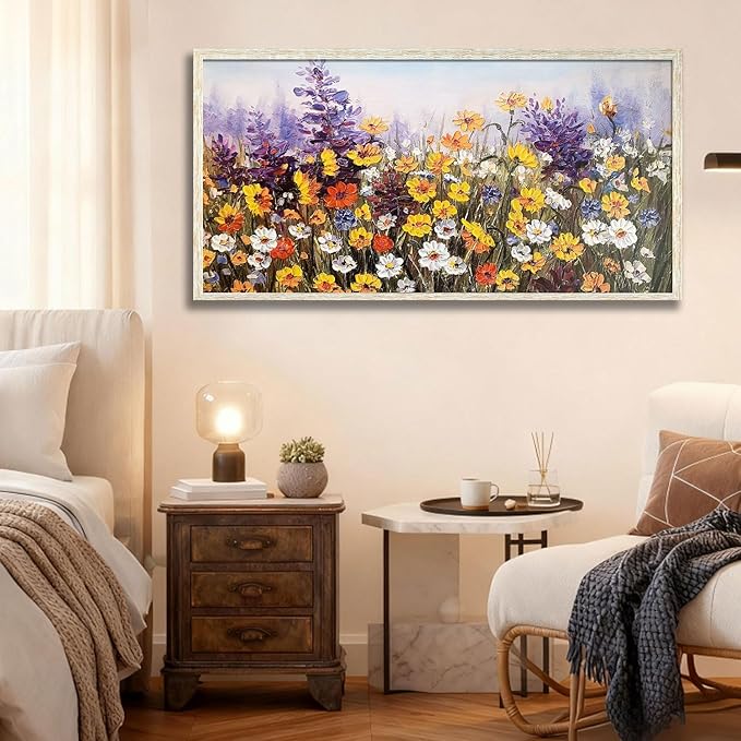 Ardemy Wildflower Wall Art Canvas Living Room Framed Daisy Floral Large Colorful Pictures Wall Decor Textured Purple Paintings Artwork for Walls Bedroom Home Office, 48"x24"