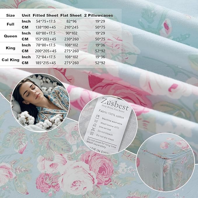 Zusbest Blue Floral Sheets Set King Size 100% Cotton Pink Flowers Bed Sheet Shabby Vintage Chic Bedding Romantic Pastoral Style Original Design Soft Luxury Deep Pocket Fitted Sheet 17.5'', 4 Pcs