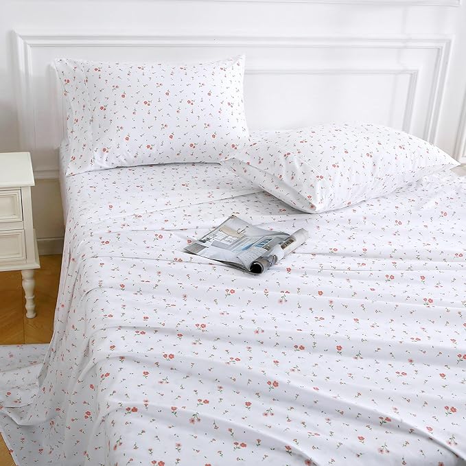 Softan Pink Floral Twin Size Sheet Set, 3 Pieces Single Bed Sheets for Girls, Cozy Microfiber Fitted Sheet with 15" Deep Pockets & Non-Slip Straps, Pink Flower Sheets & Pillowcase Set