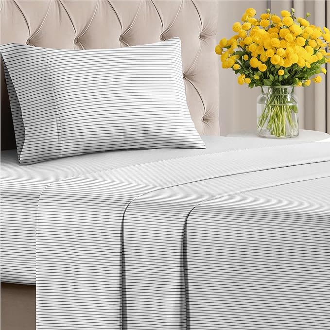 Striped Sheets - Black & White Striped Sheets - 1 Flat & 1 Fitted & 1 Pillowcase w/ Deep Pockets – Wrinkle & Fade Free - Soft, Breathable & Cooling – Luxury Pinstripe Bedding - Twin XL Size Bed Set