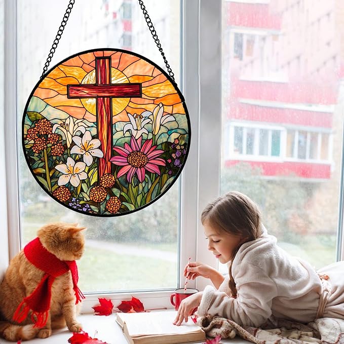 Christian Gifts for Women - Cross Stained Glass Window Hanging Easter Flower Sunset Landscape Sun Catcher Garden Religion Decor Mother's Day Catholic Gift for Men Grandma Mom Her Nana 6.3"