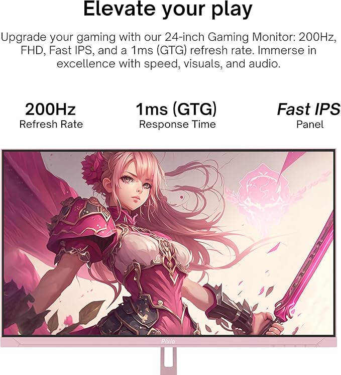 Pixio PX248 Wave Pink 24 inch 200Hz Refresh Rate FHD 1080p Resolution Fast IPS Panel 1ms GTG Response Time Built-in Speakers Gaming Monitor with Adaptive Sync