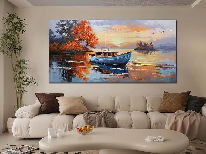 Brushart Ship Wall Art for Living Room, Large Canvas Wall Art Landscape Picture, Painting Wall Decor Textured Artwork for Walls Bedroom Home Office 58"x29"
