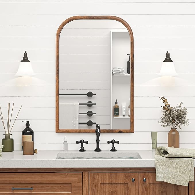 20"x30" Arch Wall Mirror Bathroom Mirror for Wall Mounted, Tempered Glass, Wood Grain Finish Frame Wall Mirror Decorative for Living Room Bedroom Entryway, Natural