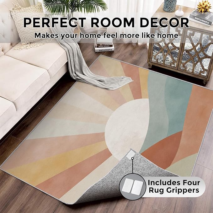 7x9 Boho Sun Rugs for Bedroom Decor, Washable Retro Sunrise Pattern Area Rug, Living Room Home Decoration, Non Slip Soft Thin, Mid Century Modern Decor Carpet PF-P 117
